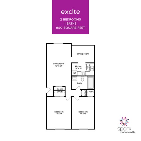 Floor plan for 2 beds, 1 bath, 860 sqft