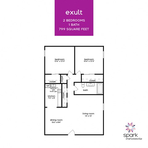 Floor plan for 2 beds, 1 bath, 799 sqft