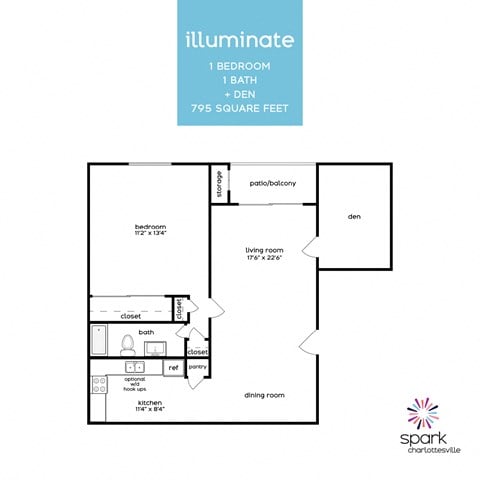 Floor plan for 1 bed, 1 bath, 795 sqft