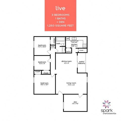 Floor plan for 3 beds, 1 bath, 1250 sqft