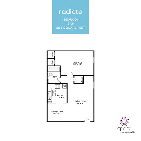 Floor plan for 1 bed, 1 bath, 659 sqft