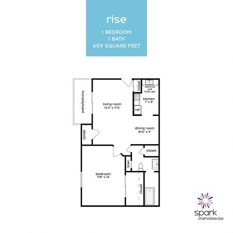 Floor plan for 1 bed, 1 bath, 659 sqft