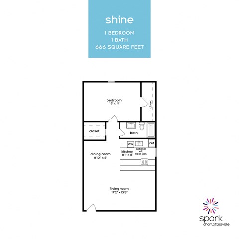 Floor plan for 1 bed, 1 bath, 666 sqft