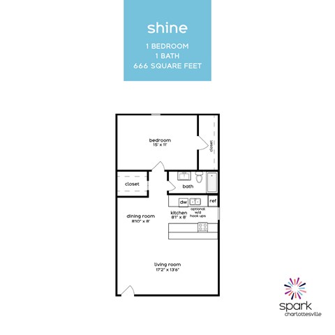 Floor plan for 1 bed, 1 bath, 666 sqft