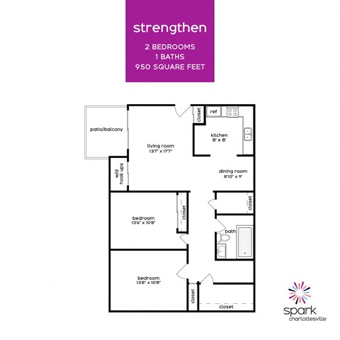 Floor plan for 2 beds, 1 bath, 950 sqft