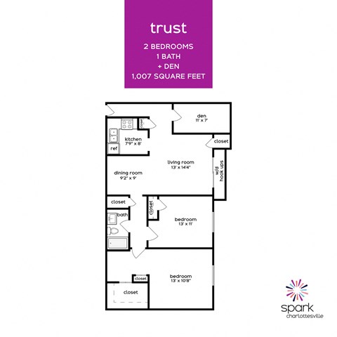 Floor plan for 2 beds, 1.5 baths, 1012 sqft