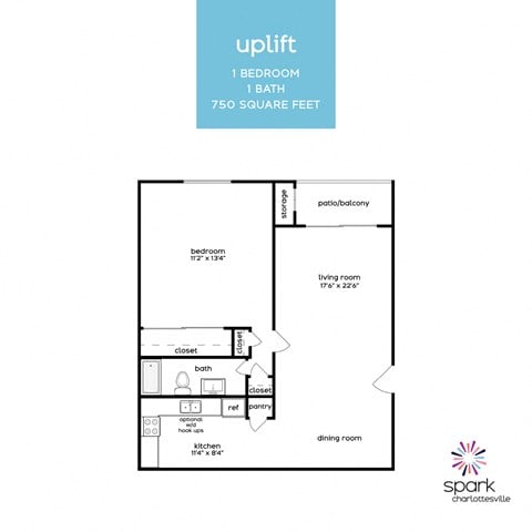 Floor plan for 1 bed, 1 bath, 750 sqft