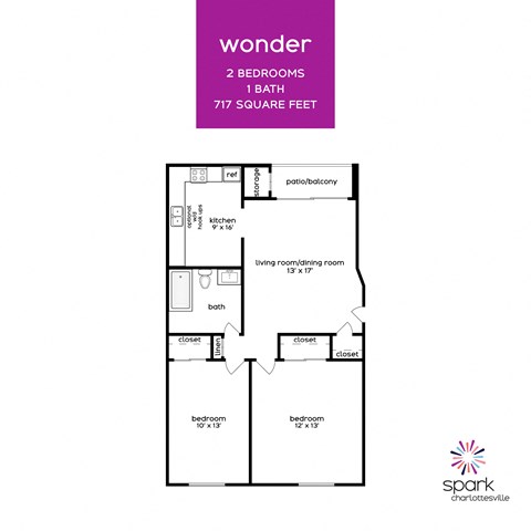 Floor plan for 2 beds, 1 bath, 834 sqft