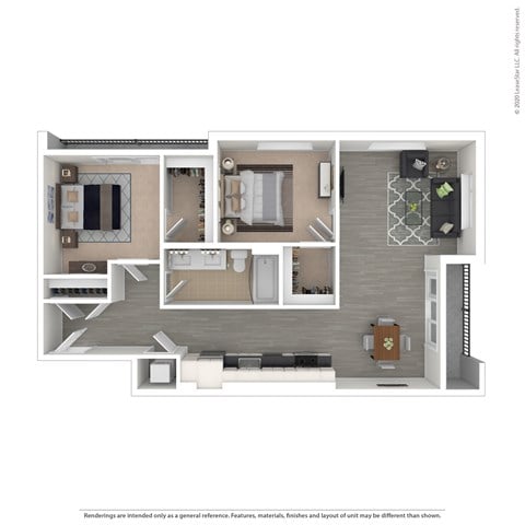 Floor plan for 2 beds, 1 bath, 961 sqft