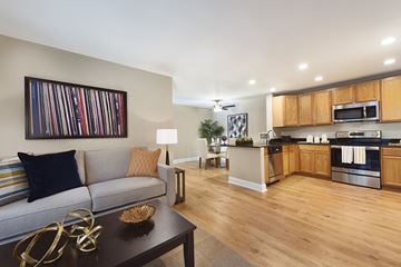 Winchester apartment for rent - A modern living room with a grey sofa and a coffee table.
