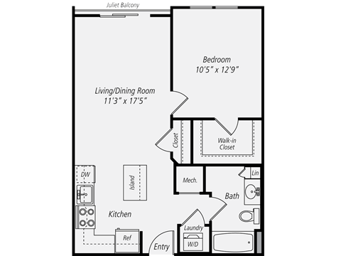 Floor plan for 1 bed, 1 bath, 658 sqft
