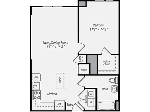 Floor plan for 1 bed, 1 bath, 779 sqft