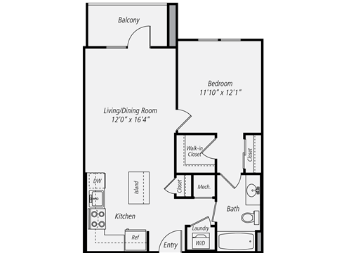 Floor plan for 1 bed, 1 bath, 672 sqft