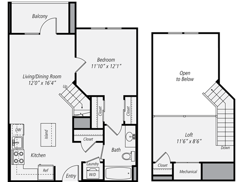 Floor plan for 1 bed, 1 bath, 788 sqft