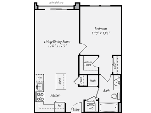 Floor plan for 1 bed, 1 bath, 700 sqft