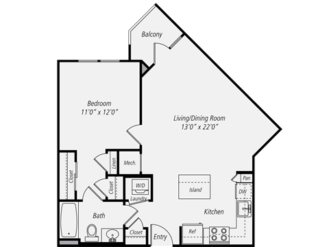 Floor plan for 1 bed, 1 bath, 708 sqft