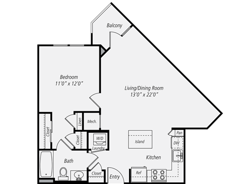 Floor plan for 1 bed, 1 bath, 734 sqft