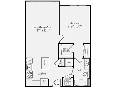 Floor plan for 1 bed, 1 bath, 739 sqft