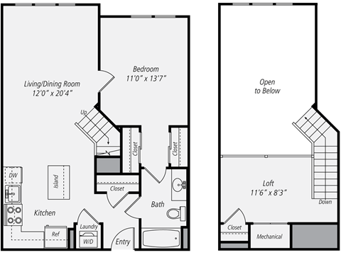 Floor plan for 1 bed, 1 bath, 872 sqft
