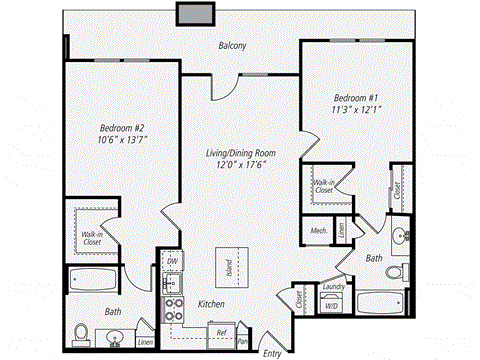 Floor plan for 2 beds, 2 baths, 1044 sqft