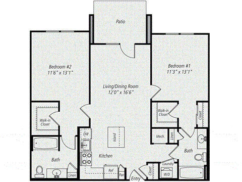 Floor plan for 2 beds, 2 baths, 1045 sqft