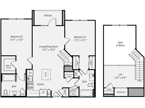 Floor plan for 2 beds, 2 baths, 1163 sqft