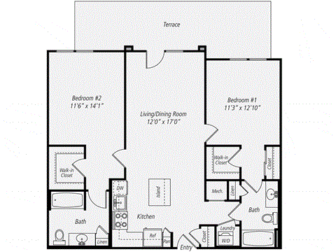 Floor plan for 2 beds, 2 baths, 1085 sqft