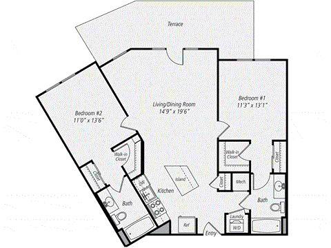 Floor plan for 2 beds, 2 baths, 1086 sqft