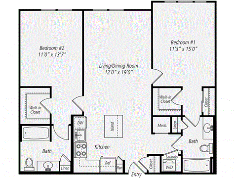 Floor plan for 2 beds, 2 baths, 1099 sqft
