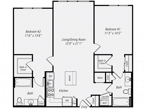 Floor plan for 2 beds, 2 baths, 1116 sqft