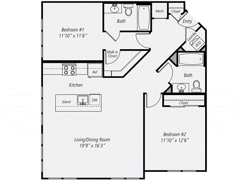 Floor plan for 2 beds, 2 baths, 1141 sqft