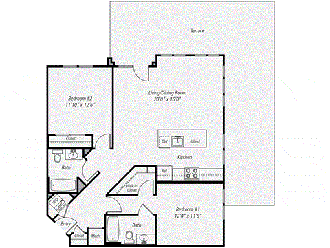 Floor plan for 2 beds, 2 baths, 1151 sqft