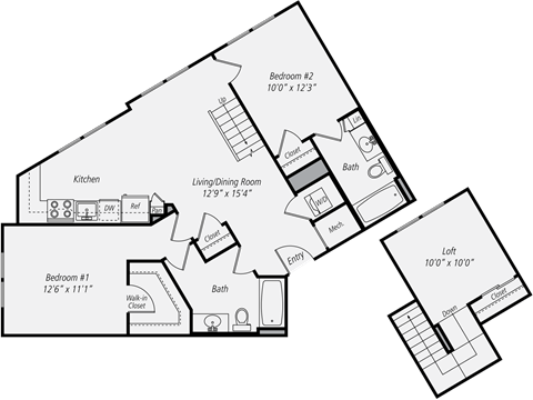 Floor plan for 2 beds, 2 baths, 1049 sqft