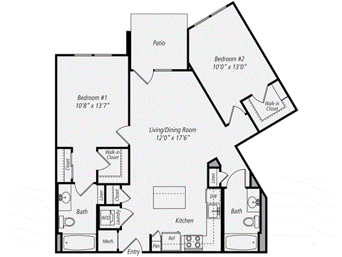 Floor plan for 2 beds, 2 baths, 1002 sqft