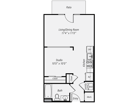 Floor plan for studio, 1 bath, 555 sqft