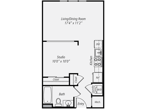 Floor plan for studio, 1 bath, 558 sqft