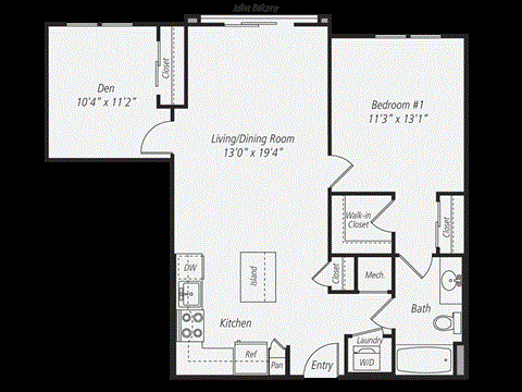 Floor plan for 1 bed, 1 bath, 890 sqft
