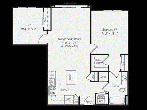 Floor plan for 1 bed, 1 bath, 890 sqft