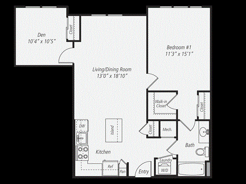Floor plan for 1 bed, 1 bath, 898 sqft