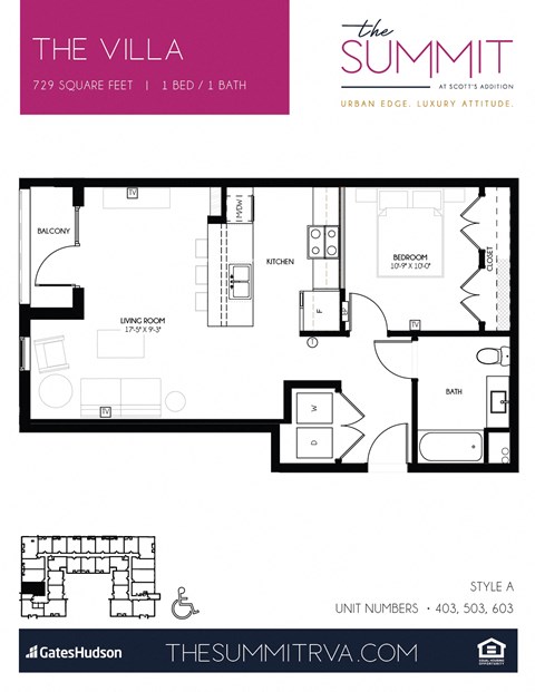 Floor plan for 1 bed, 1 bath, 764 sqft