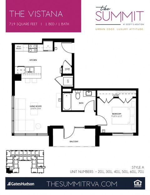 Floor plan for 1 bed, 1 bath, 719 sqft