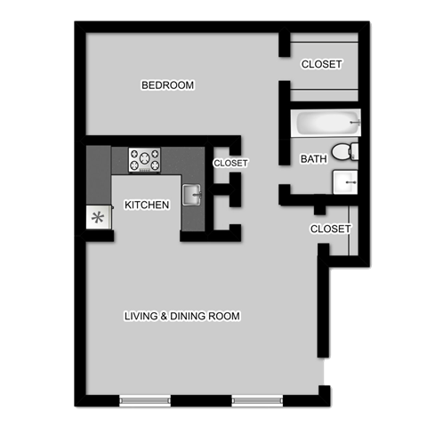 Floor plan for 1 bed, 1 bath, 750 sqft