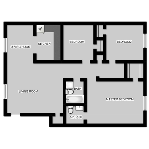 Floor plan for 3 beds, 1.5 baths, 1200 sqft