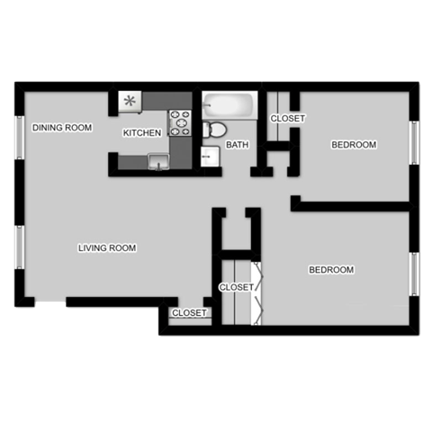 Floor plan for 2 beds, 1 bath, 1000 sqft