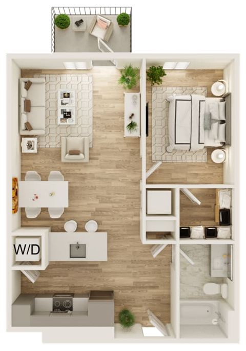 Floor plan for 1 bed, 1 bath, 672 sqft