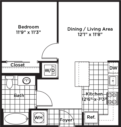 Floor plan for 1 bed, 1 bath, 671 sqft