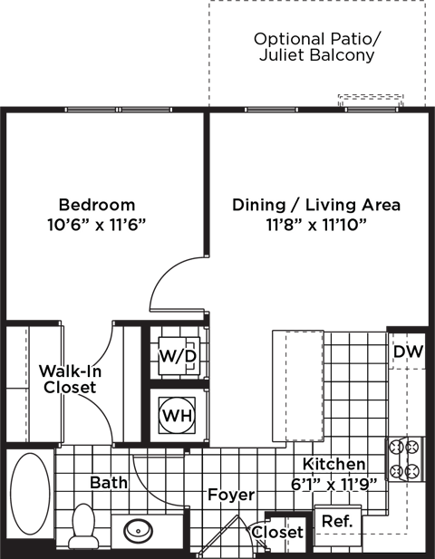 Floor plan for 1 bed, 1 bath, 613 sqft
