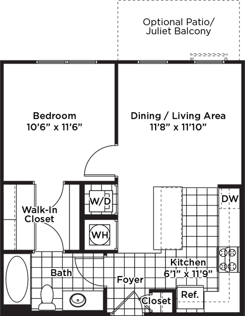 Floor plan for 1 bed, 1 bath, 613 sqft