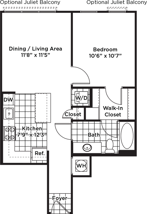 Floor plan for 1 bed, 1 bath, 659 sqft