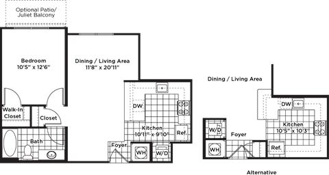 Floor plan for 1 bed, 678 sqft